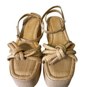 Raffia Platform Sandals SZ 10 Women Bow Ankle Strappy Espadrille Wedges Open Toe